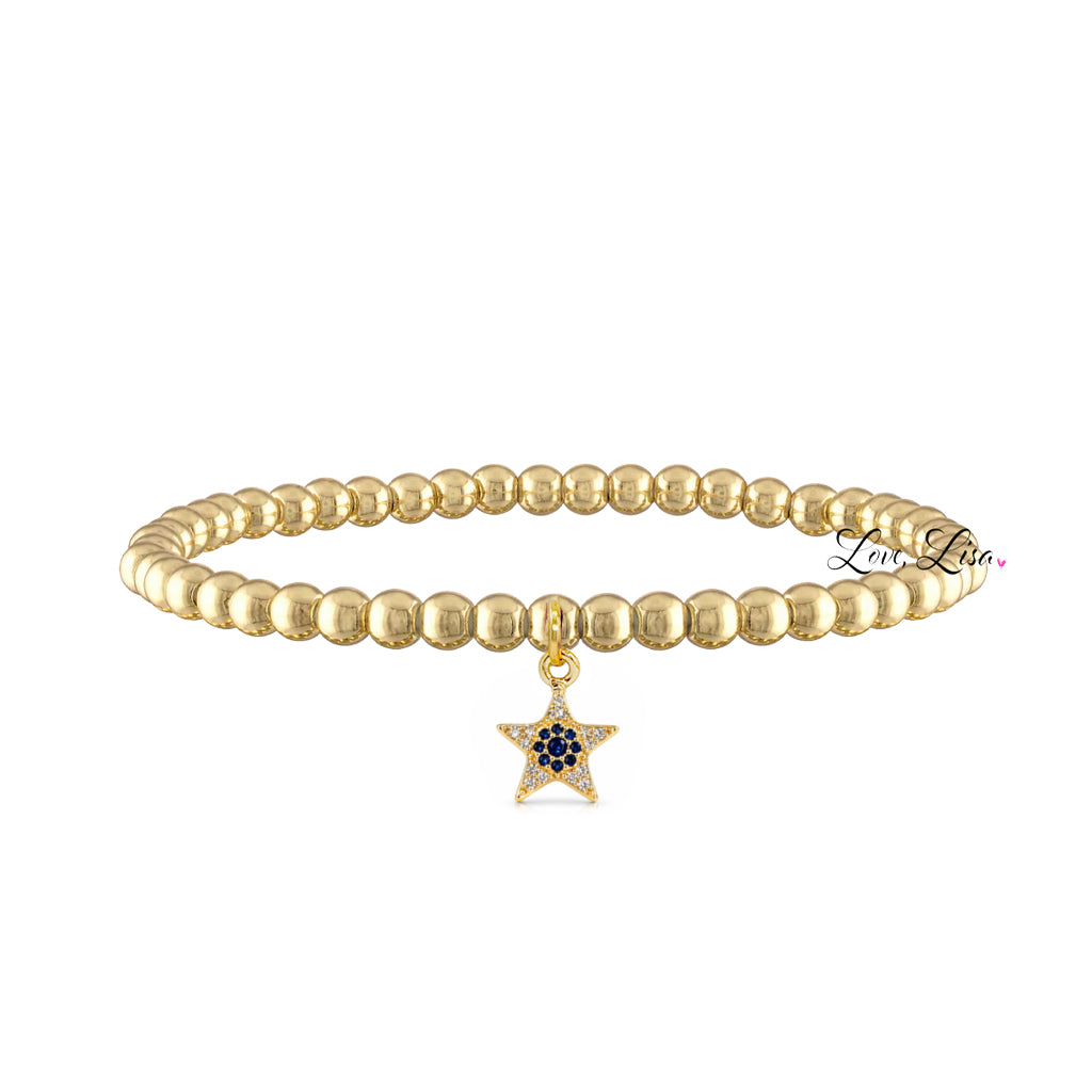 Love Lisa evil eye star charm beaded bracelet gold with blue center detail
