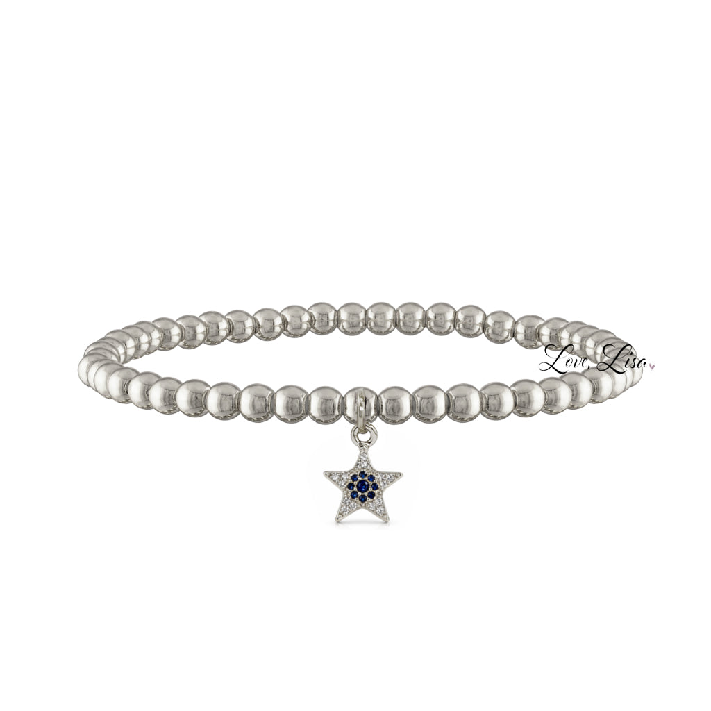 silver evil eye star charm beaded bracelet with pavé star and blue center