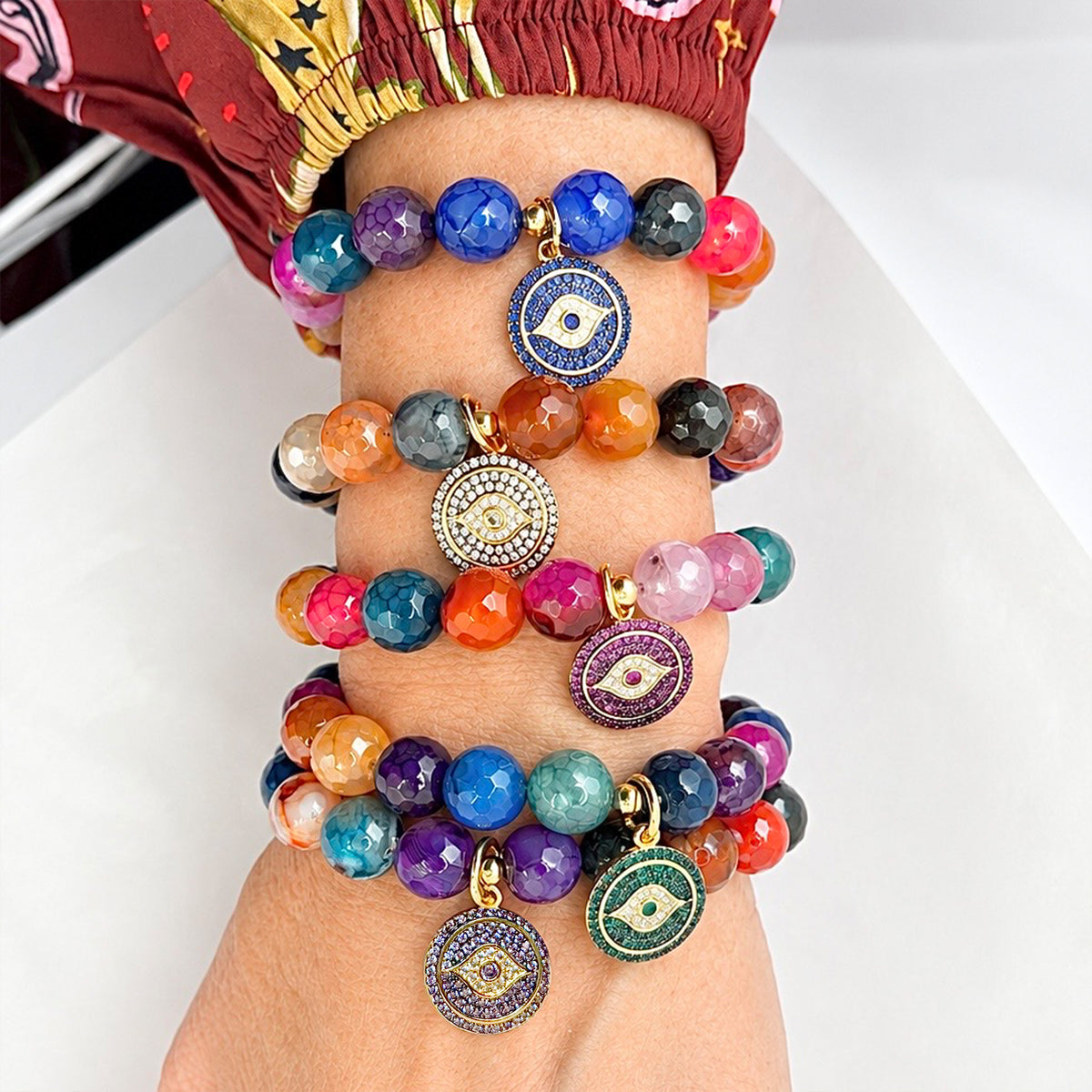 Sienna Colorful Agate Gemstone Evil Eye Bracelet