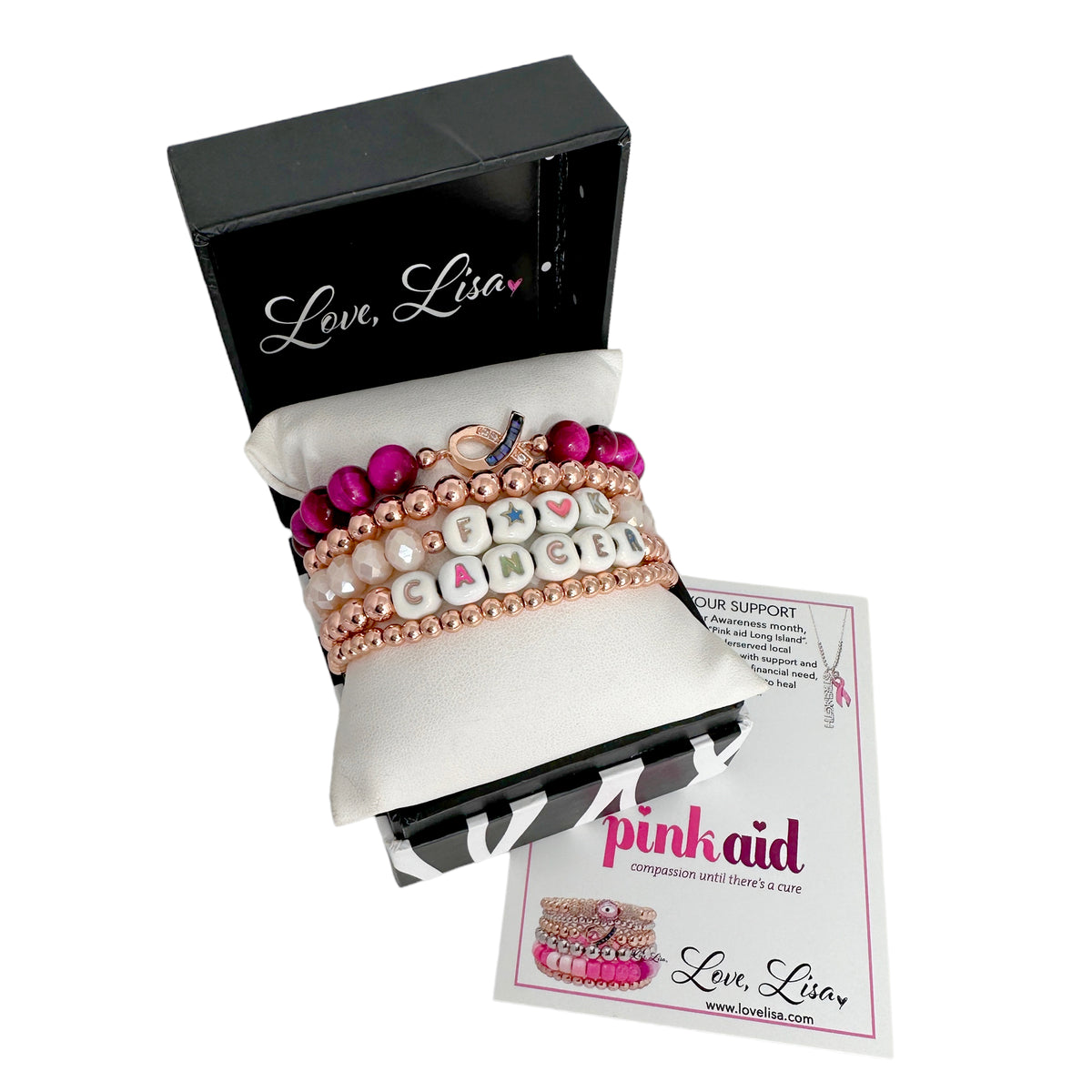 Love Lisa F★♥K CANCER Breast Cancer Awareness Bracelet Stack displayed with Love Lisa packaging and Pink Aid card