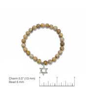Natural jasper beaded bracelet with Star of David charm and measurement scale on a white background
