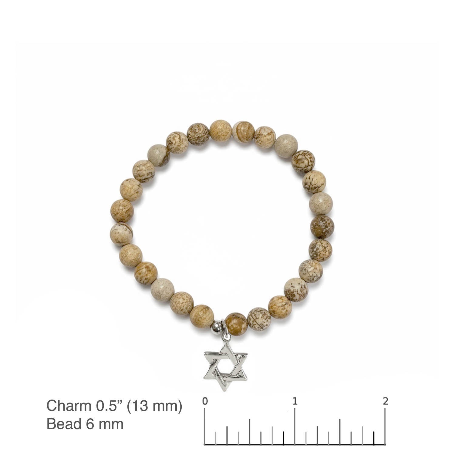 Natural jasper beaded bracelet with Star of David charm and measurement scale on a white background