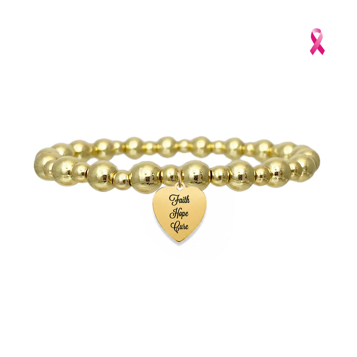 Love Lisa Faith Hope Cure Breast Cancer Awareness Bracelet in Gold with polished beads and reversible heart charm