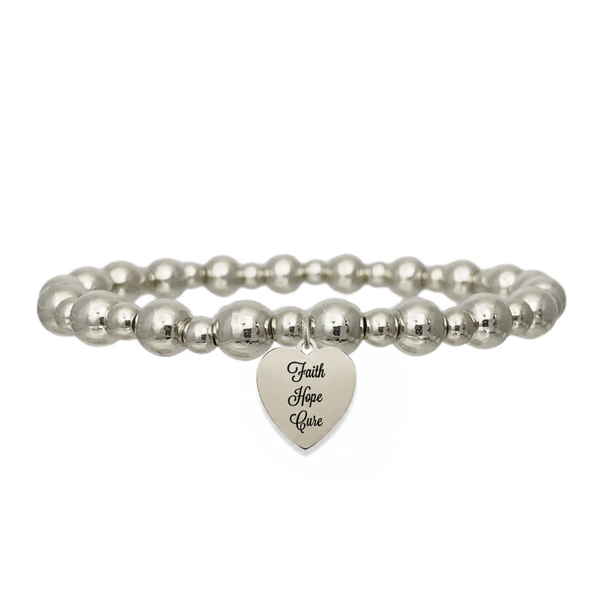 Love Lisa Faith Hope Cure Breast Cancer Awareness Bracelet in Silver with polished beads and Pray for a Cure heart charm