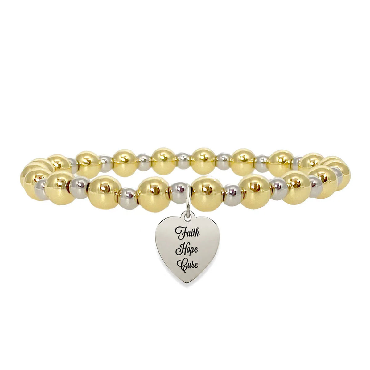 gold and silver Faith Hope Cure reversible T1D awareness bracelet with mixed metal beads and engraved heart charm