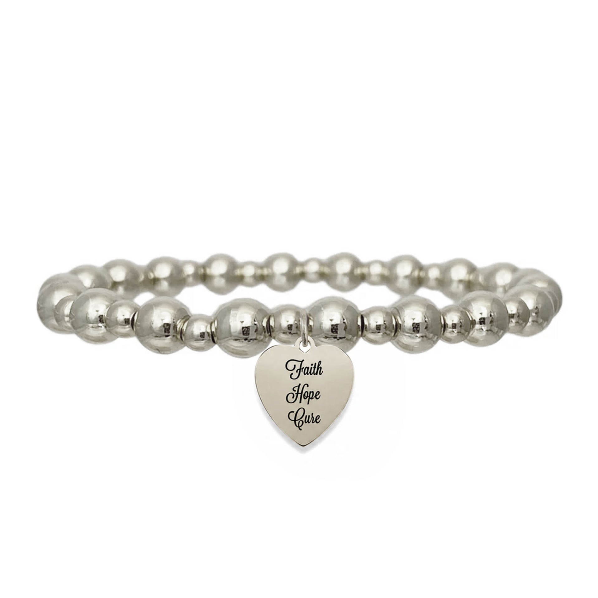 silver Faith Hope Cure reversible Type 1 Diabetes awareness bracelet with polished beads and engraved heart charm