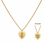 Faith Hope Cure reversible Type 1 Diabetes awareness necklace on gold chain showing front and back engraved heart charm