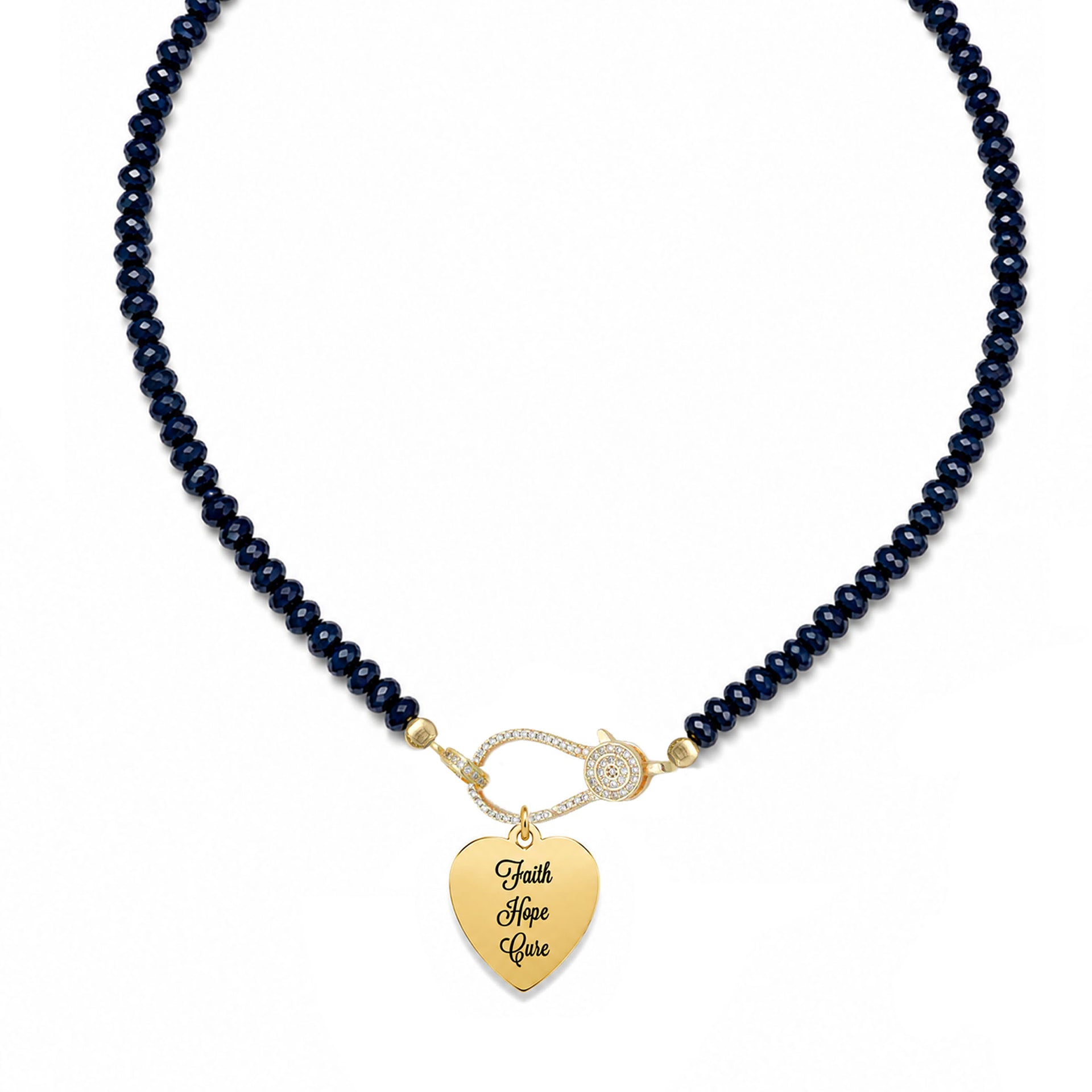 Love Lisa Faith Hope Cure reversible T1D awareness necklace with gold engraved heart charm on Harper Navy beaded clasp necklace
