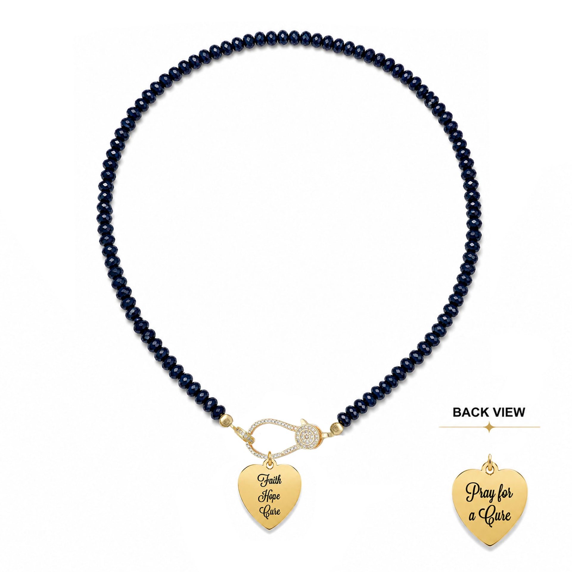 gold Faith Hope Cure T1D awareness heart charm on Harper Navy 5mm rondelle beaded clasp necklace