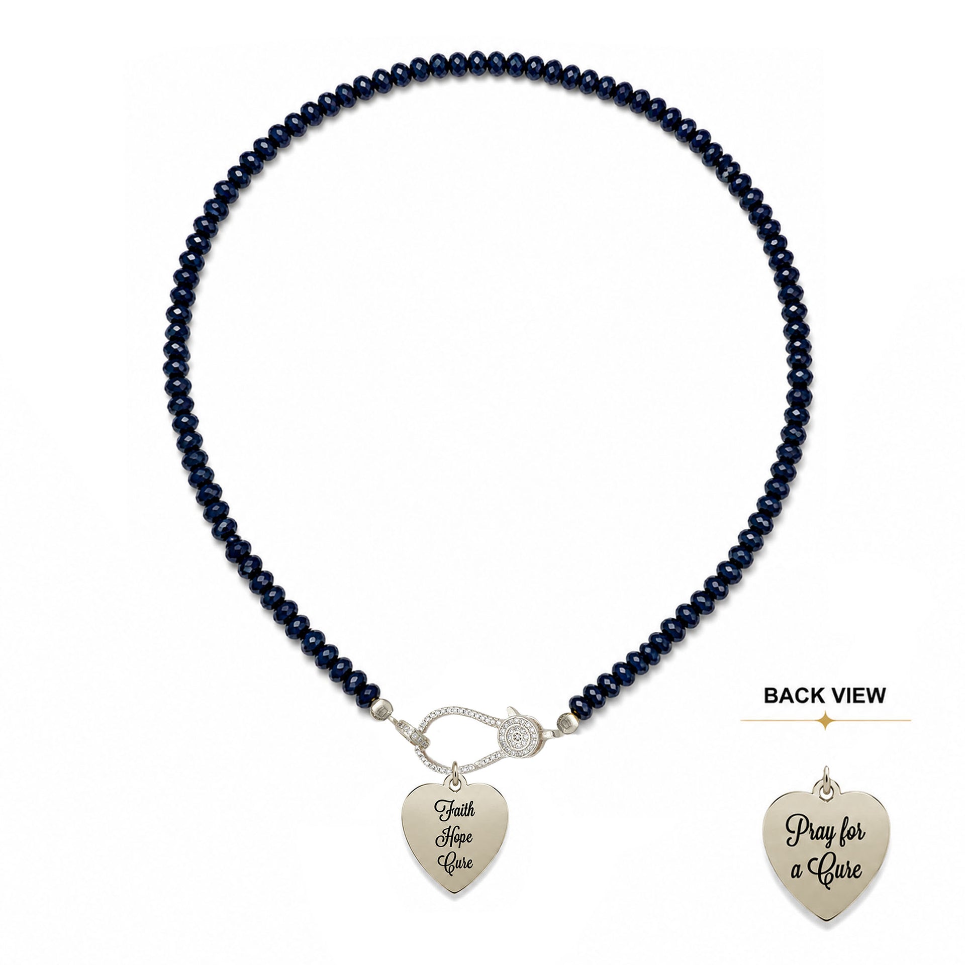 silver Faith Hope Cure T1D awareness heart charm on Harper Navy 5mm rondelle beaded clasp necklace