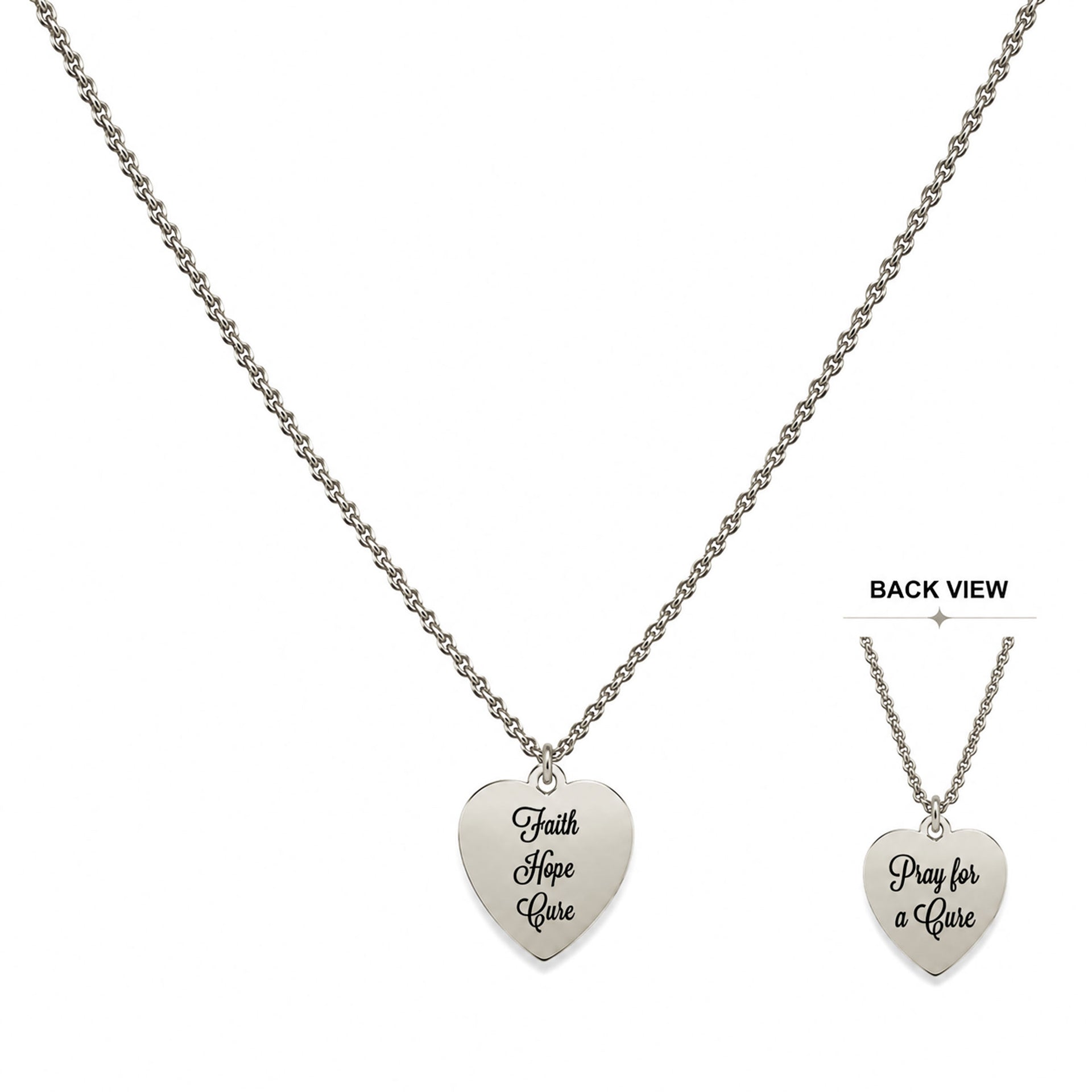 Faith Hope Cure reversible Type 1 Diabetes awareness necklace on silver chain showing Faith Hope Cure and Pray for a Cure engravings