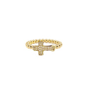 Love Lisa Faith Luxe Pavé Cross Stretch Ring in gold with polished 3mm beads and sideways cross charm