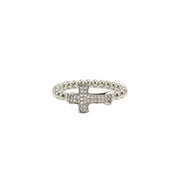 Faith Luxe Pavé Cross Stretch Ring in silver with polished 3mm beads and sideways cross charm