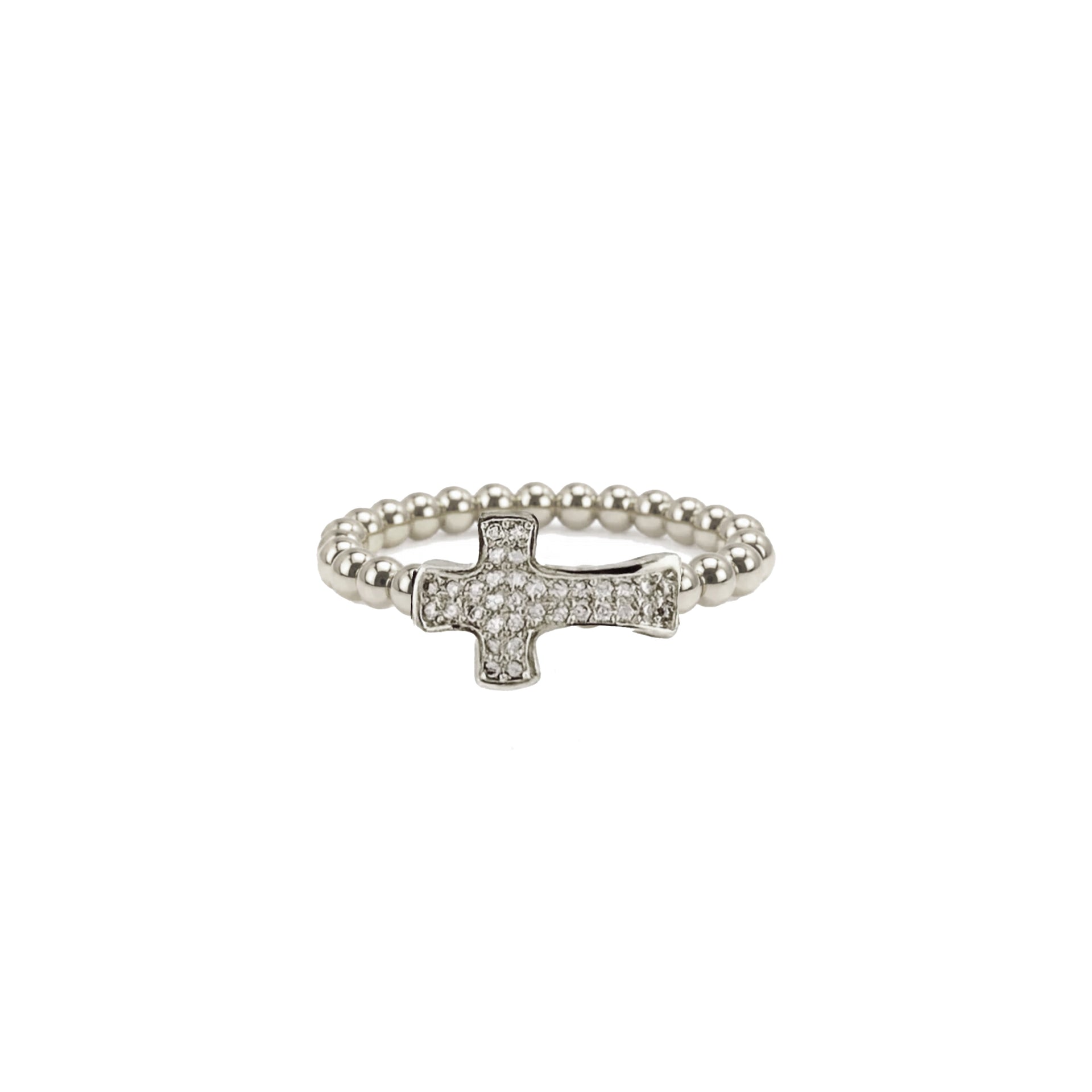 Faith Luxe Pavé Cross Stretch Ring in silver with polished 3mm beads and sideways cross charm