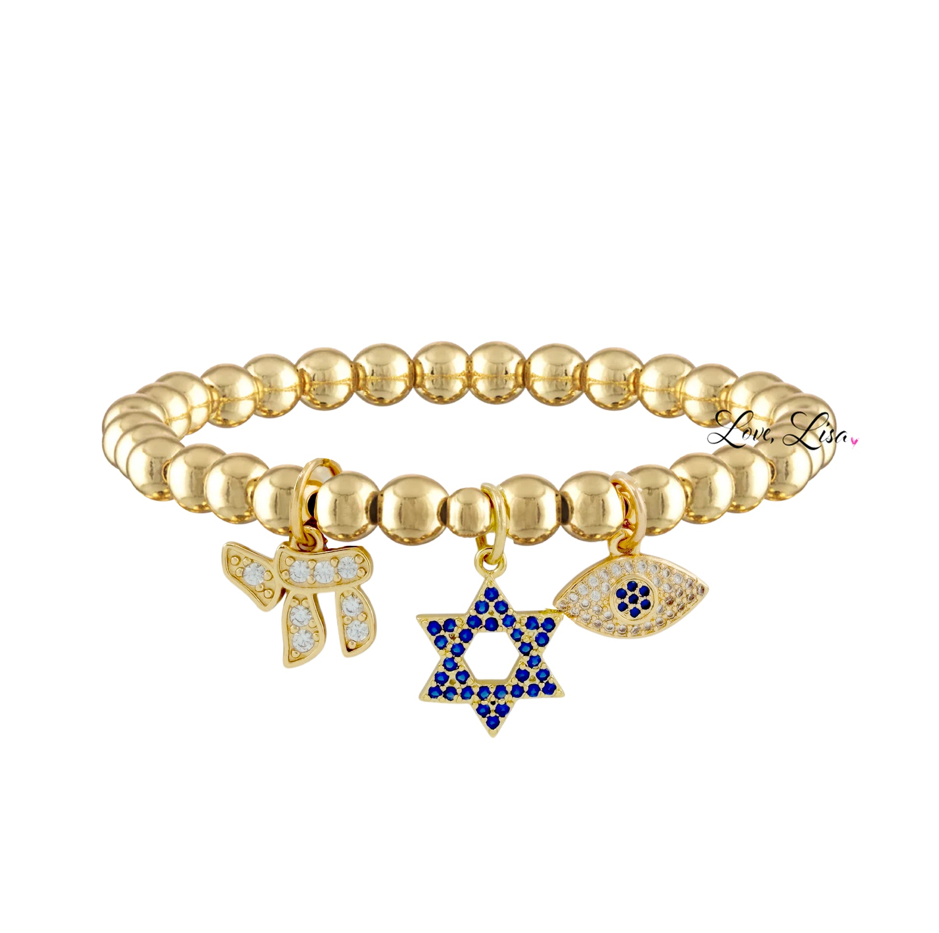 gold faith and protection charm bracelet with 6mm beads blue pave star of david chai charm and evil eye charm