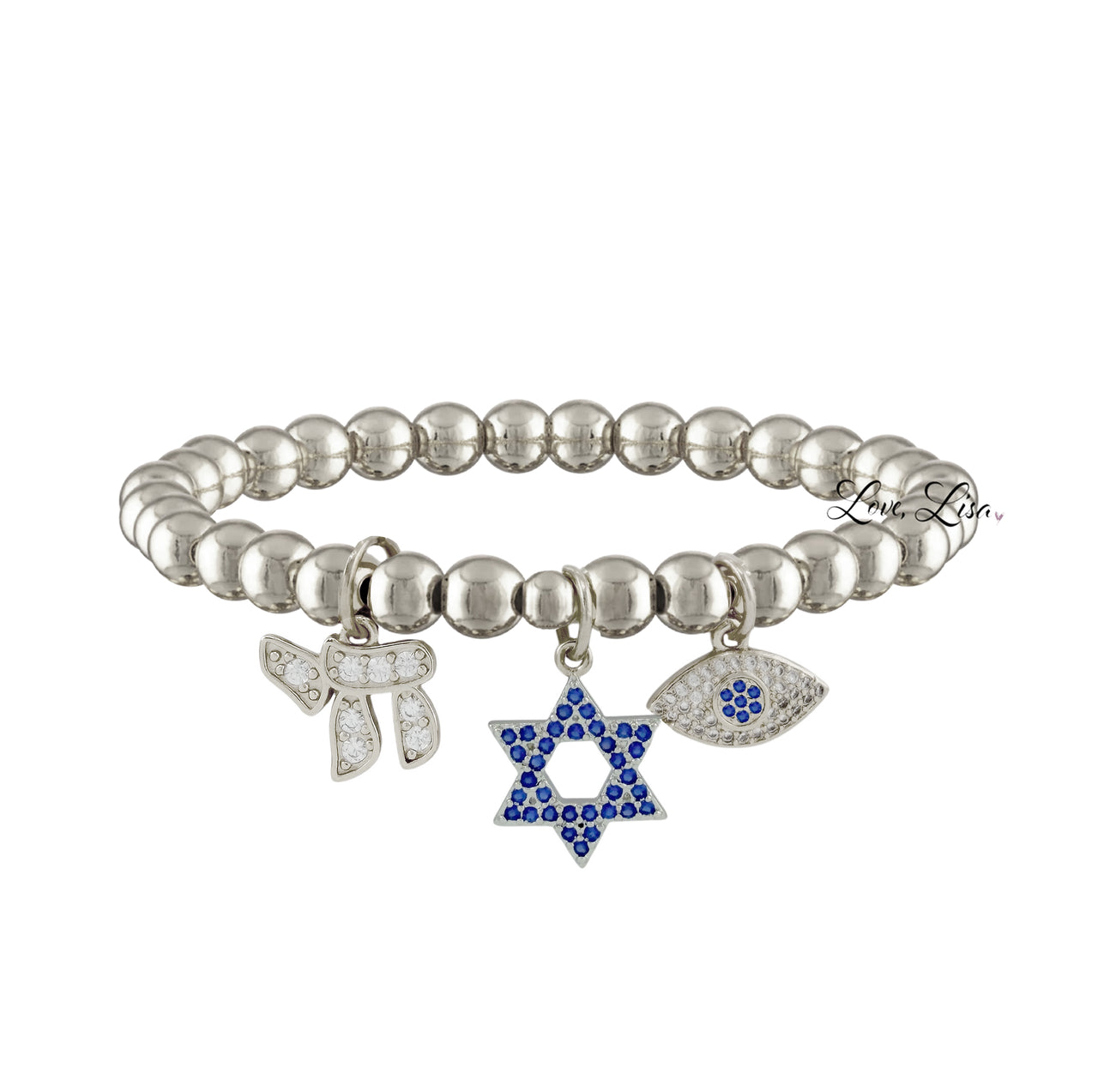 love lisa faith and protection charm bracelet in silver with star of david chai charm and evil eye on 6mm silver beads