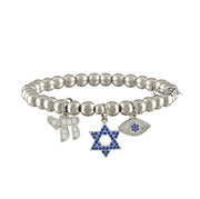 love lisa faith and protection charm bracelet in silver with star of david chai charm and evil eye on 6mm silver beads
