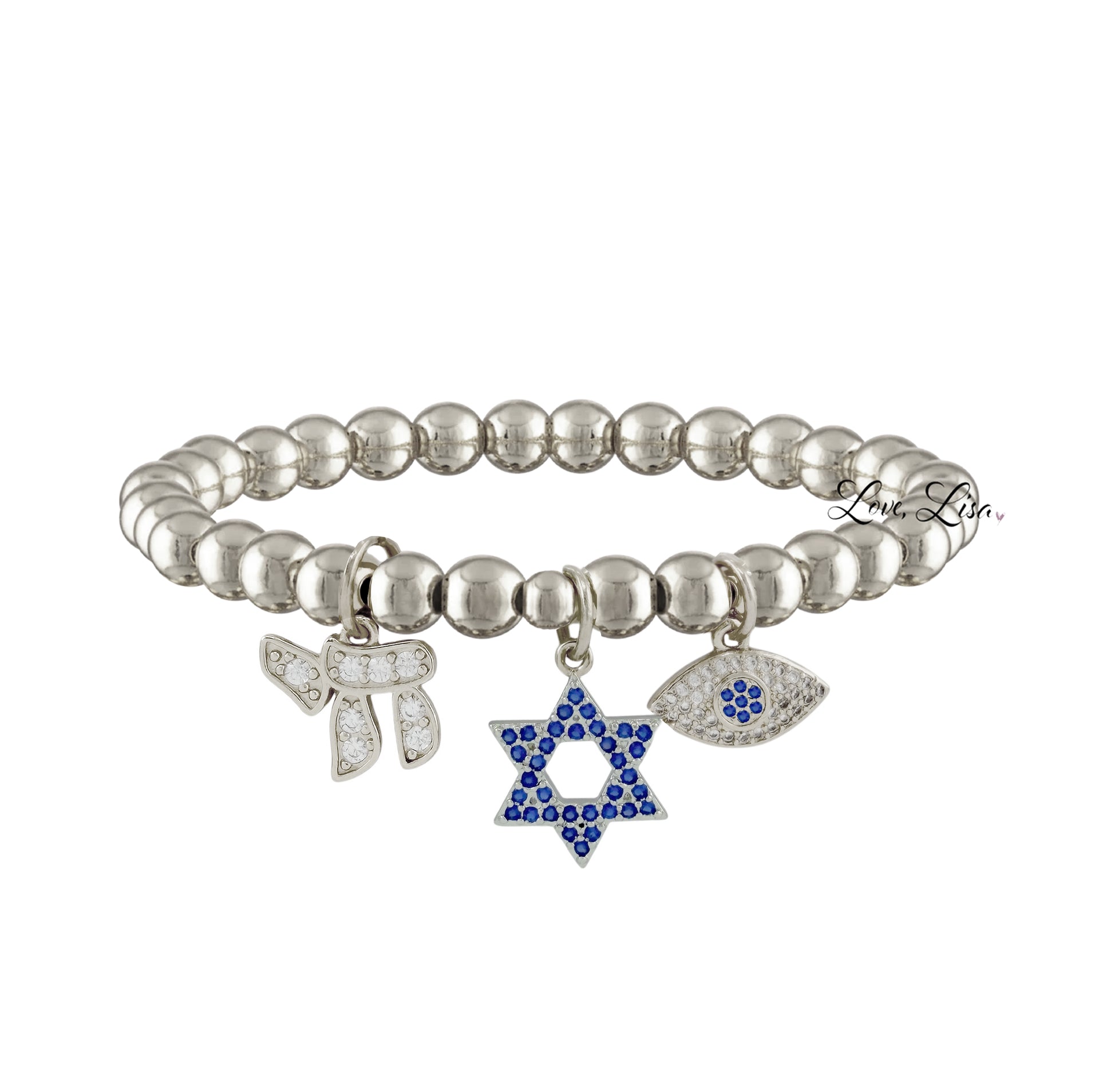 love lisa faith and protection charm bracelet in silver with star of david chai charm and evil eye on 6mm silver beads