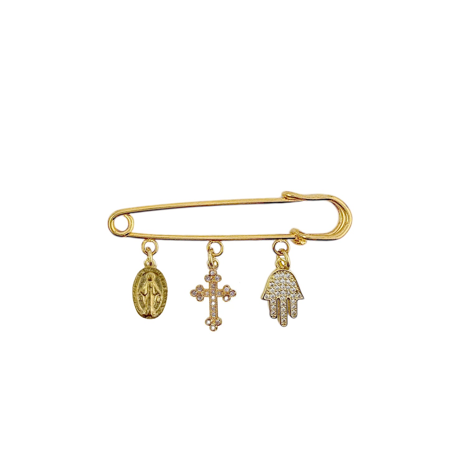 faith protection charm safety pin gold hamsa charm cross charm saint charm meaningful gift accessory Love Lisa
