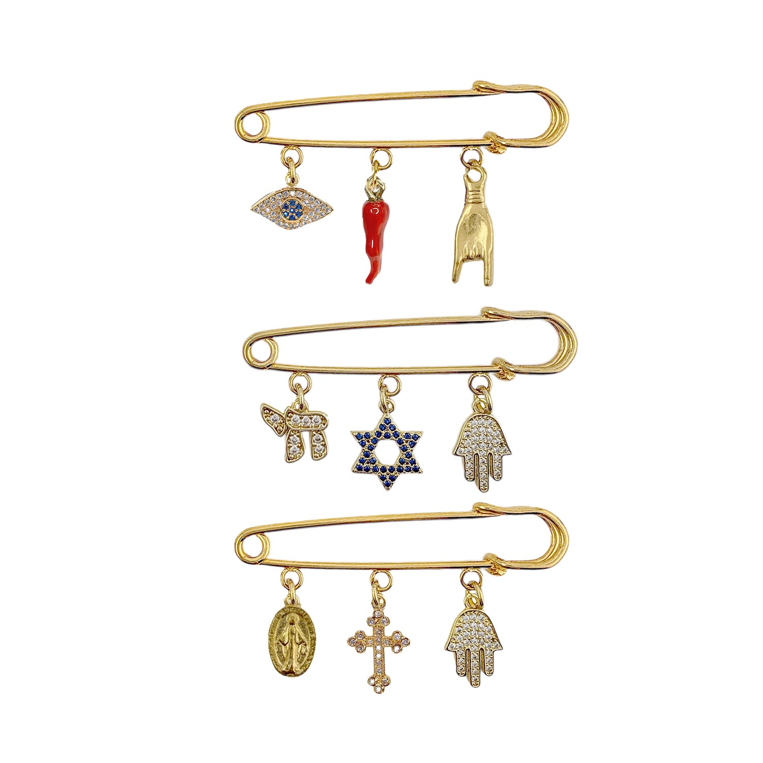 faith protection charm safety pin gold mixed charms hamsa charm cross charm horn charm protective jewelry
