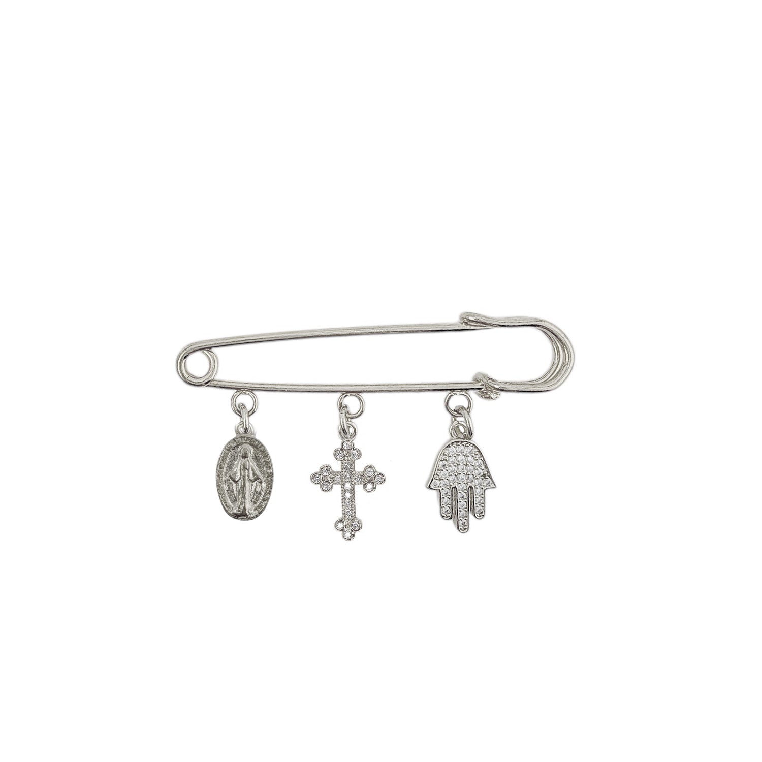 faith protection charm safety pin silver cross charm hamsa charm meaningful religious accessory