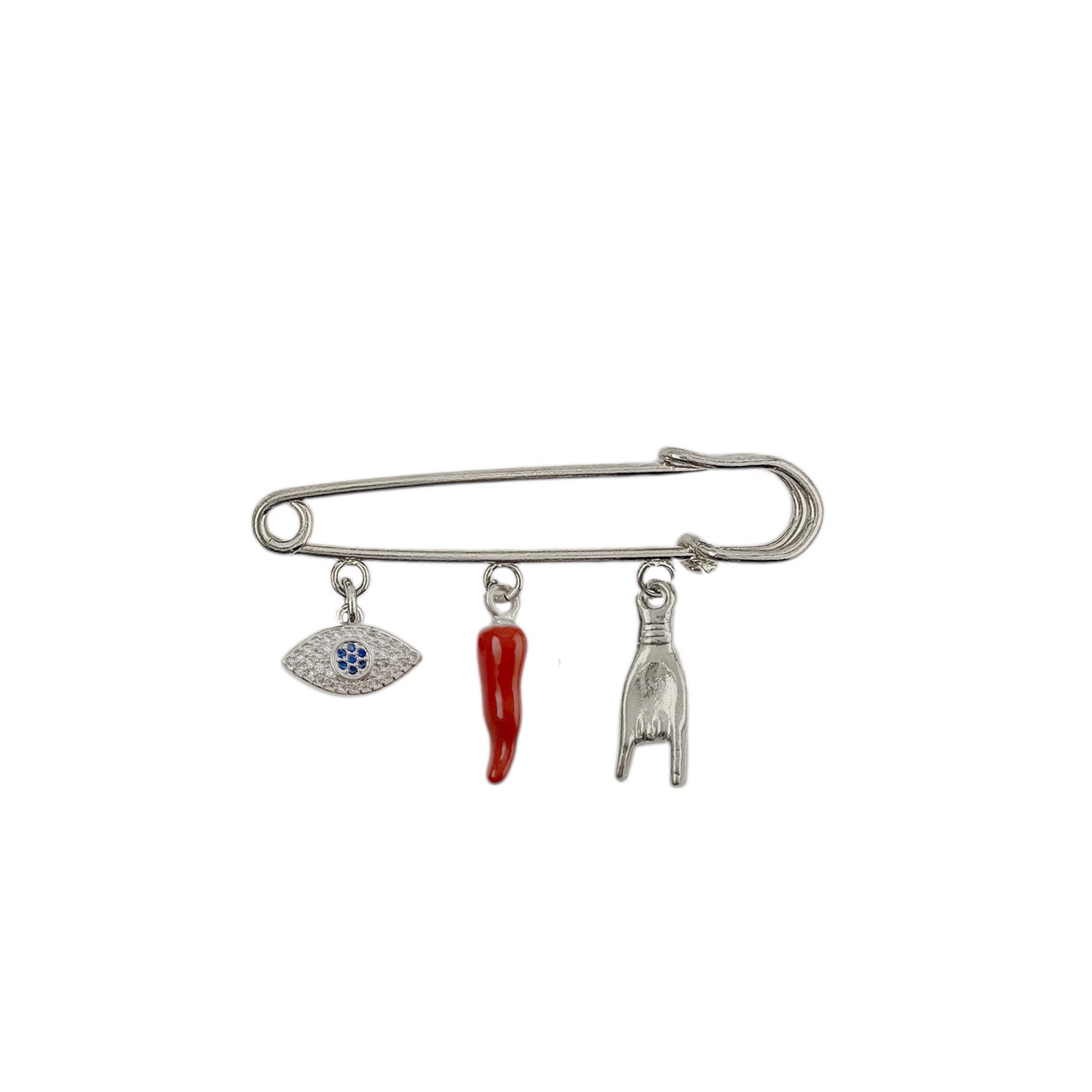 faith protection charm safety pin silver red horn charm evil eye charm spiritual protective accessory