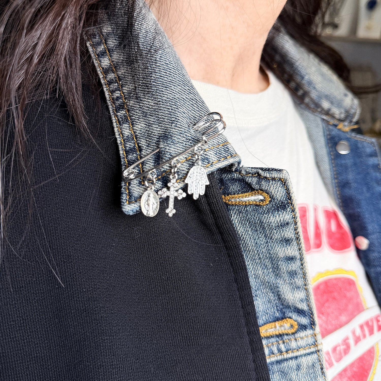 faith protection charm safety pin worn on jacket meaningful protective accessory spiritual gift Love Lisa