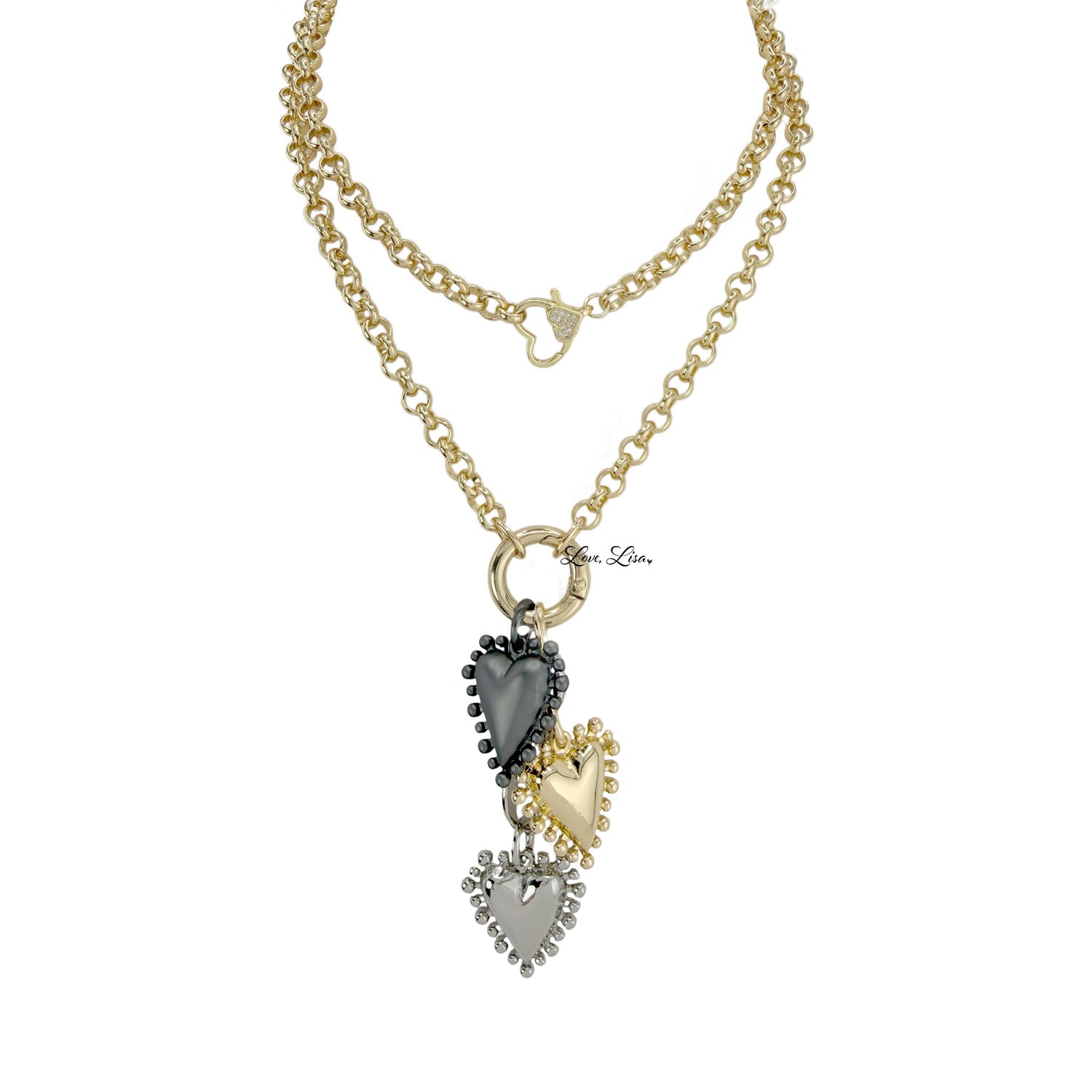 Long heart charm necklace gold  styled wrapped twice for layered look