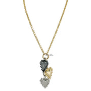 Love Lisa long gold heart charm necklace with triple falling heart pendants in gunmetal gold and silver and double wrap styling
