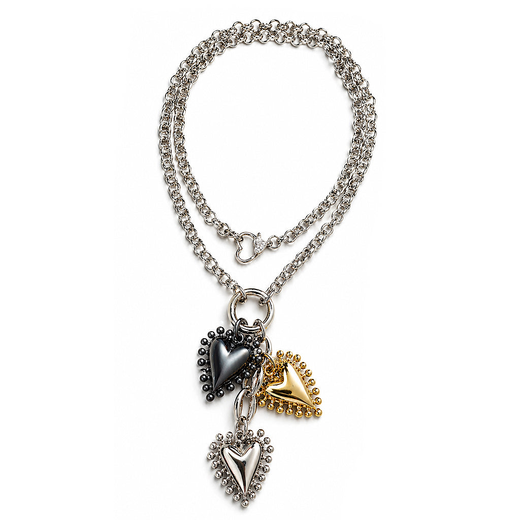 Love Lisa Falling Hearts Long Double Wrap Necklace in Silver with three textured mixed metal heart charms, center ring, and sparkling pavé heart clasp