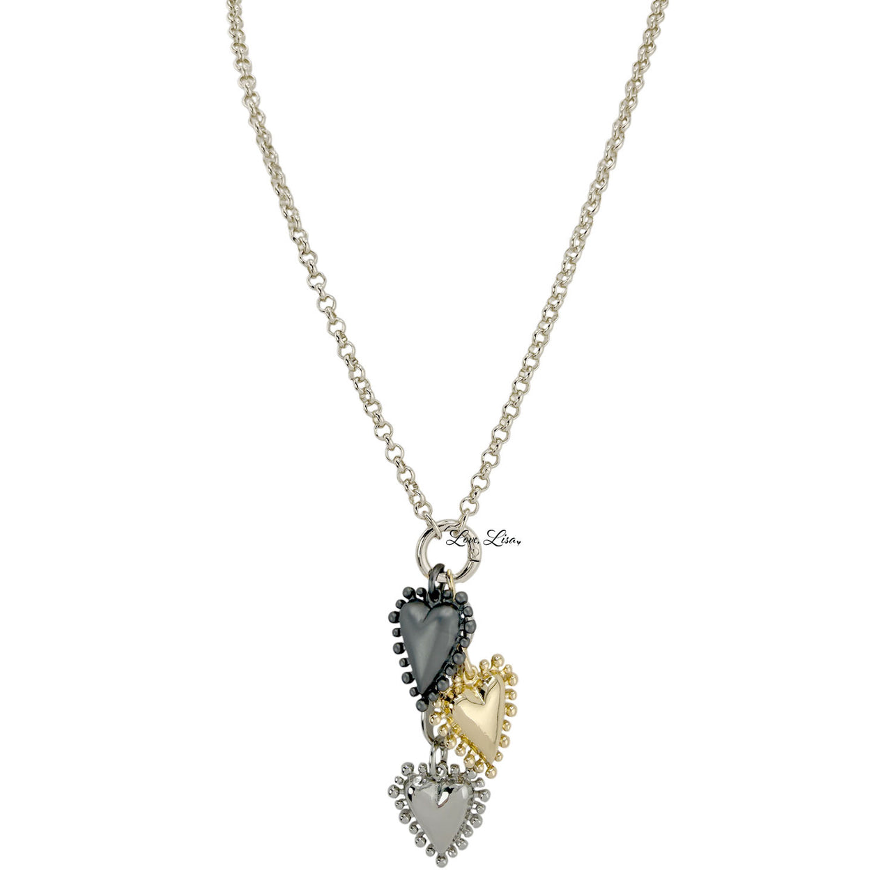 Love Lisa silver long heart charm necklace featuring three textured heart pendants and wrap design
