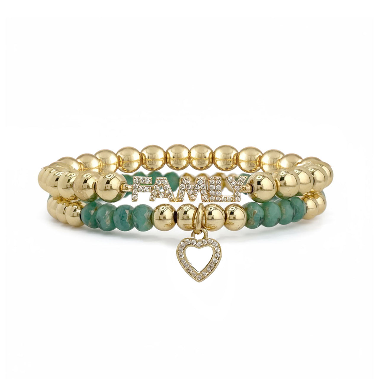 Love Lisa Family Crystal Heart Bracelet Stack in gold with green crystal beads