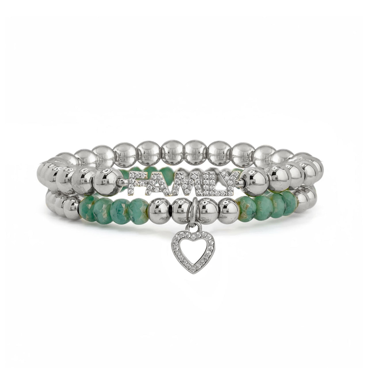 Love Lisa Family Crystal Heart Bracelet Stack in silver with pavé family charm