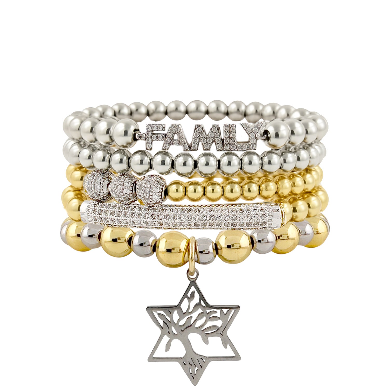 family star of david bracelet stack five piece mixed metal gold and silver set love lisa