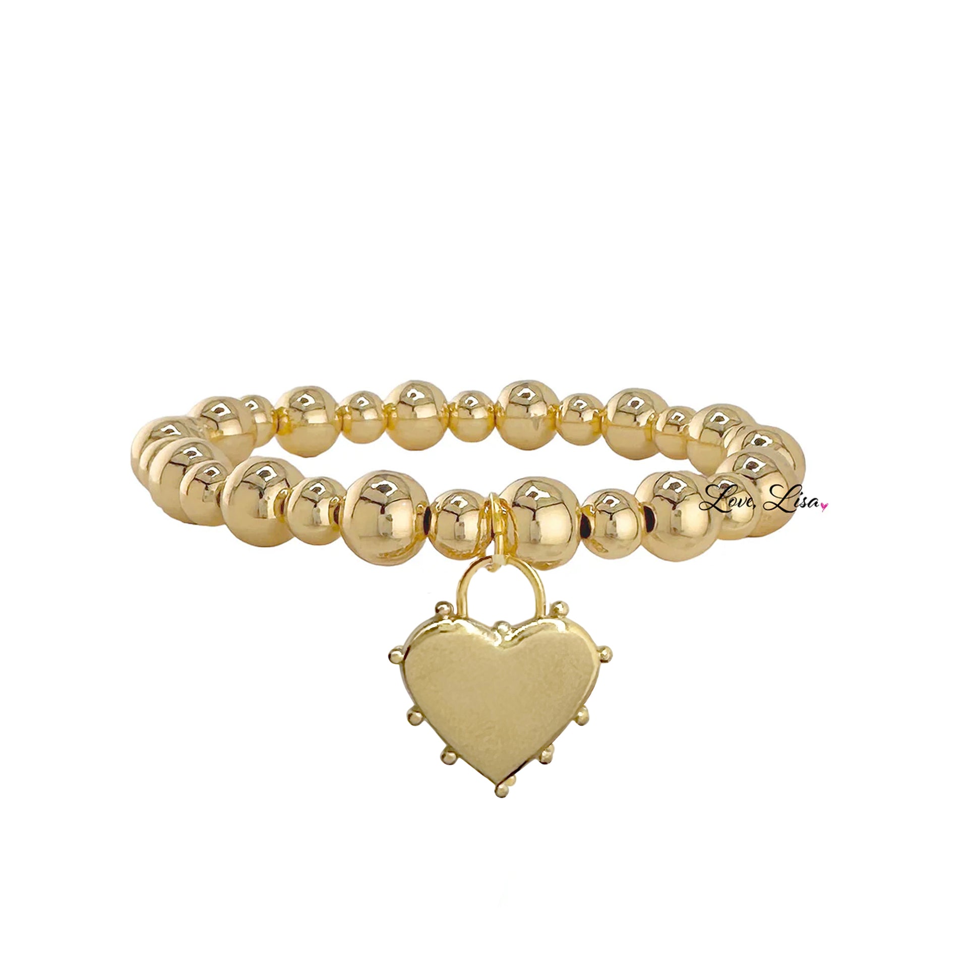 A gold bracelet stack featuring a series of round beads and a heart-shaped charm.