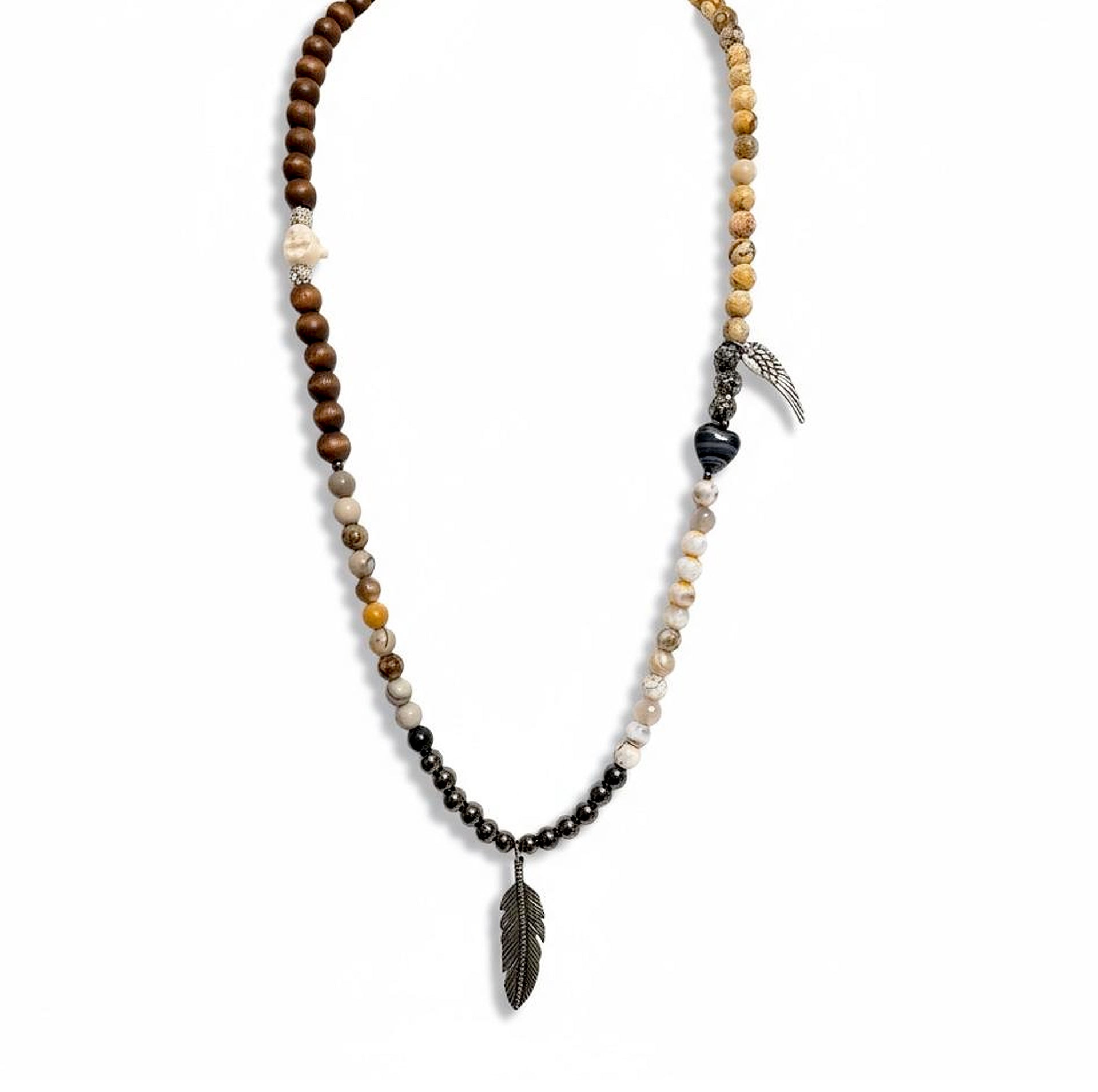 love lisa feather buddha gemstone wrap necklace bracelet brown multi jasper and wood beads with feather charm