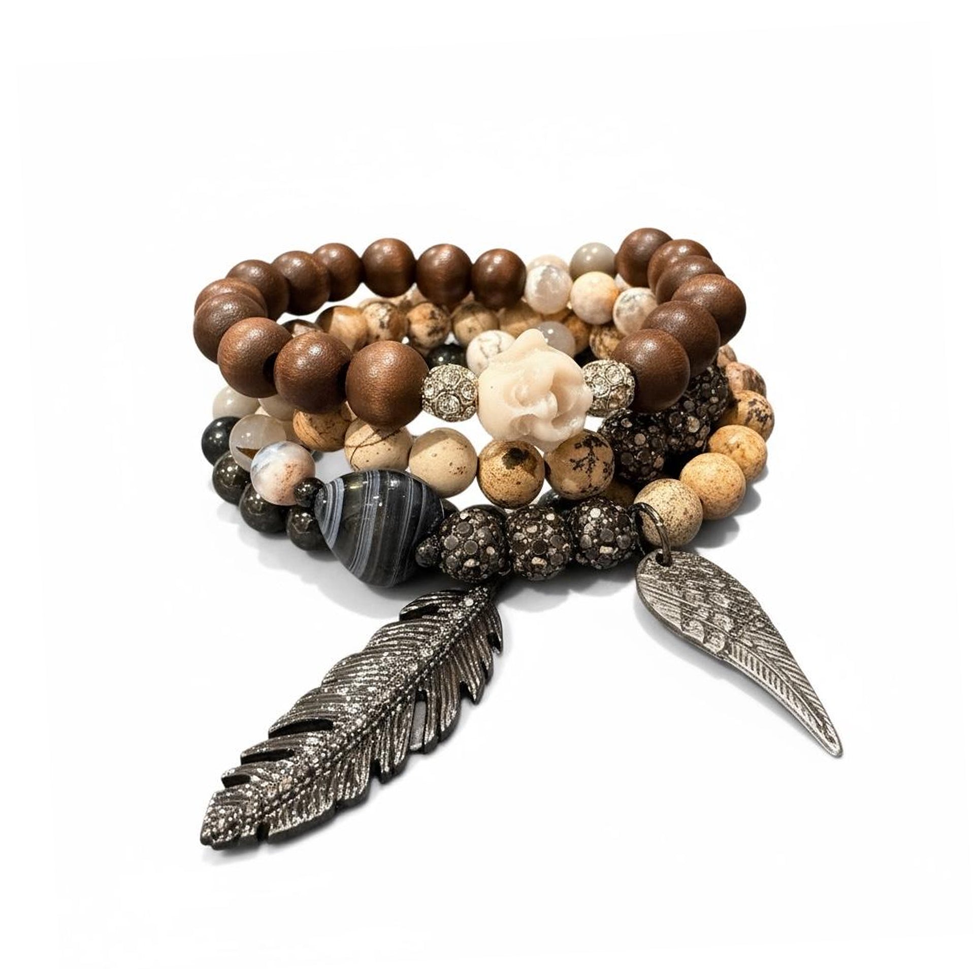 feather buddha gemstone wrap necklace bracelet close up jasper beads buddha bead feather charm and black worry stone heart