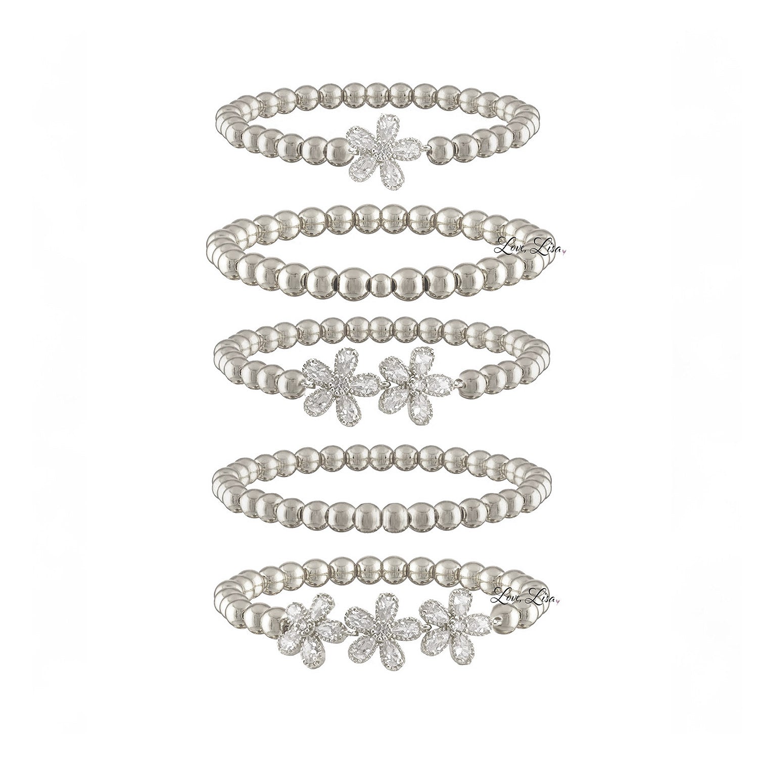 felicity flower bracelets all layered individually on a white background