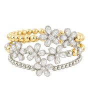 crystal flower bracelet stack gold and silver mixed metal beaded bracelets pave flower accents