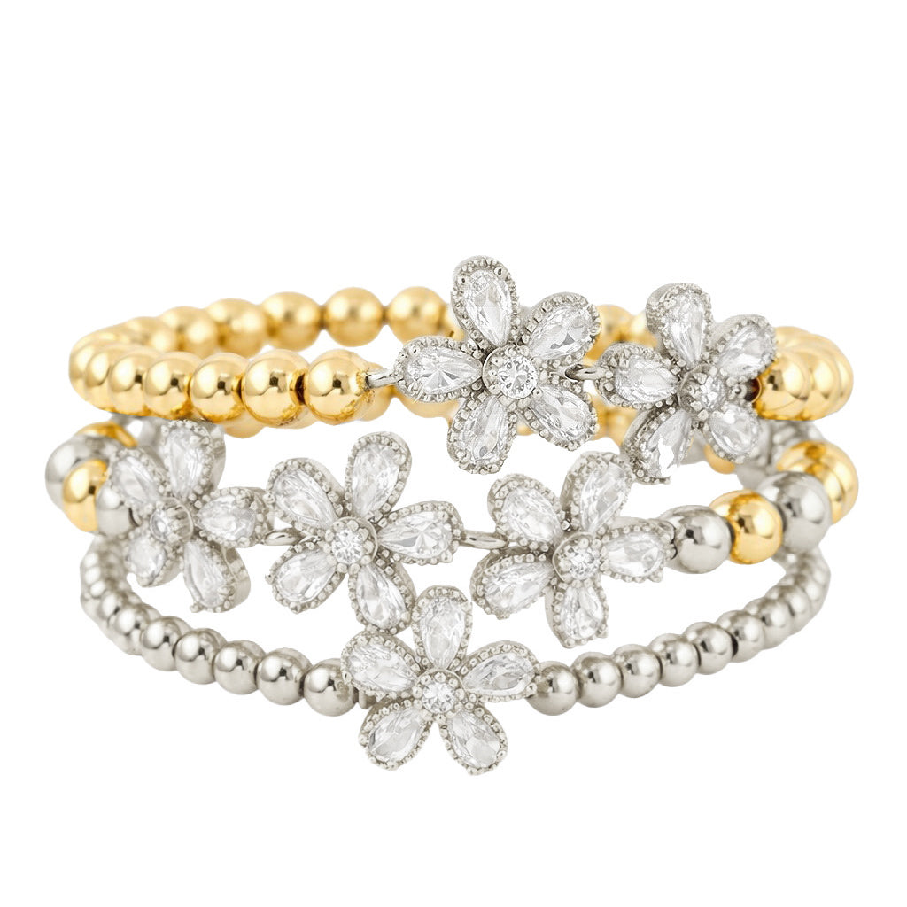 crystal flower bracelet stack gold and silver mixed metal beaded bracelets pave flower accents