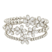 silver crystal flower bracelet stack pave floral bead bracelets layered bracelet set