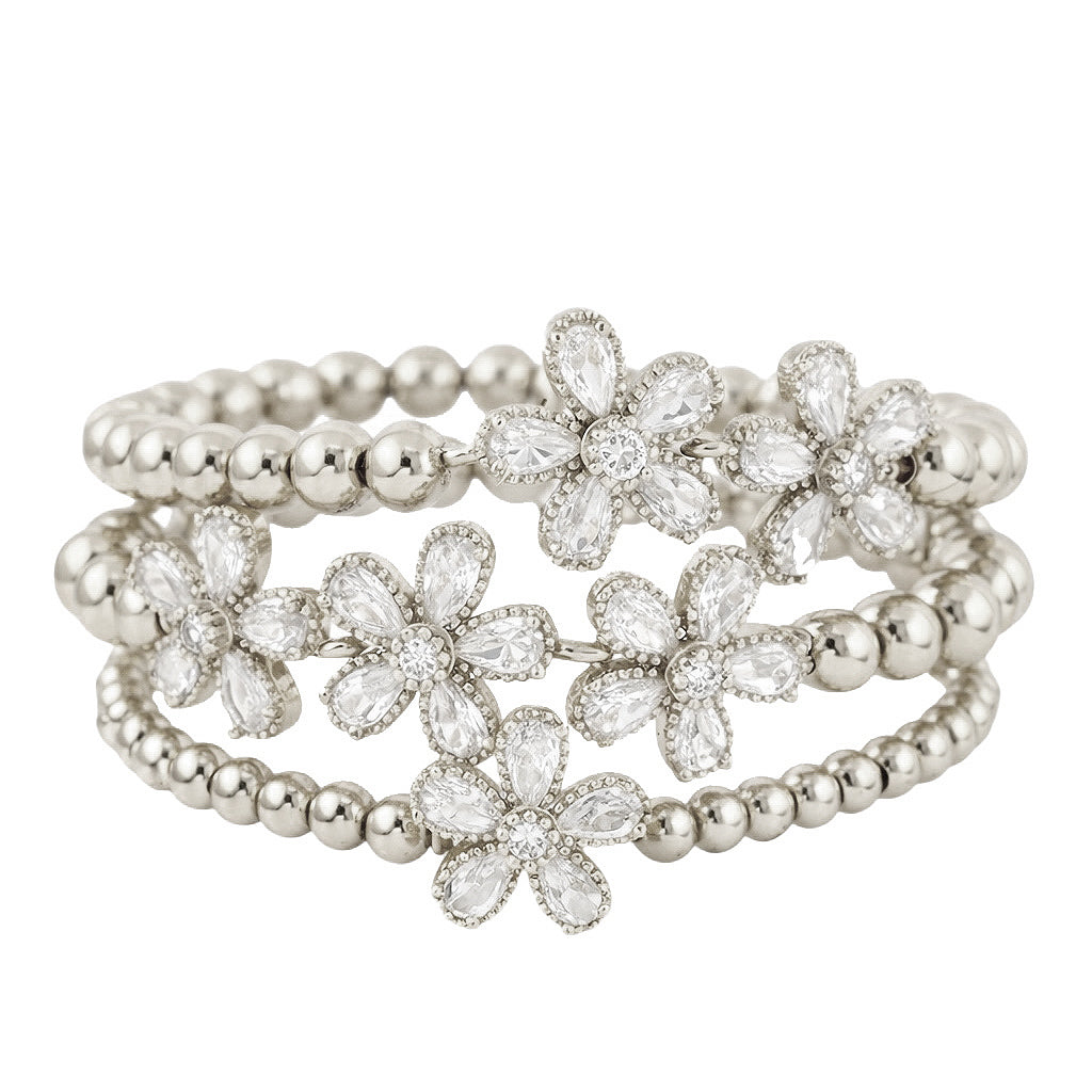 silver crystal flower bracelet stack pave floral bead bracelets layered bracelet set