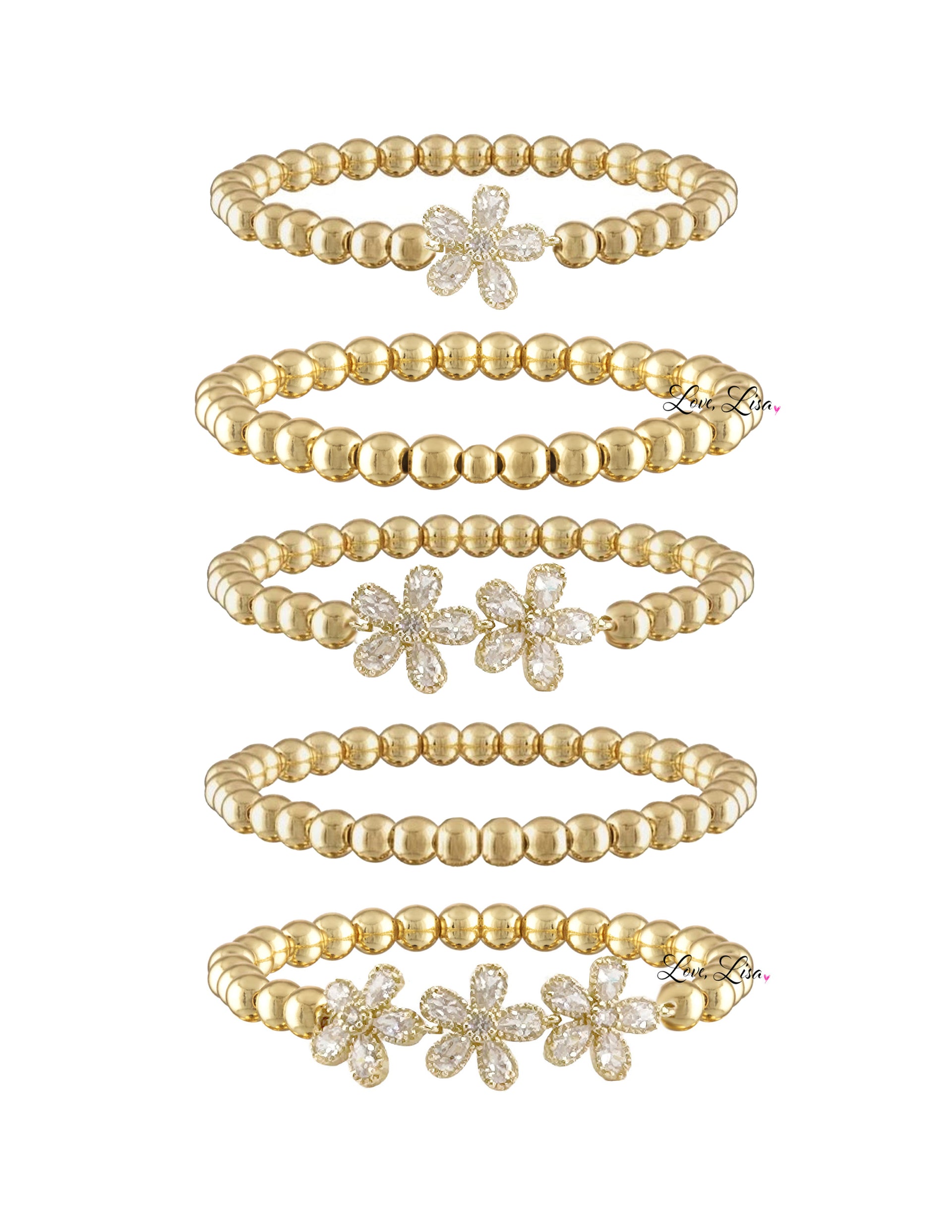 Elegant gold floral bracelet stack with crystal petal flowers