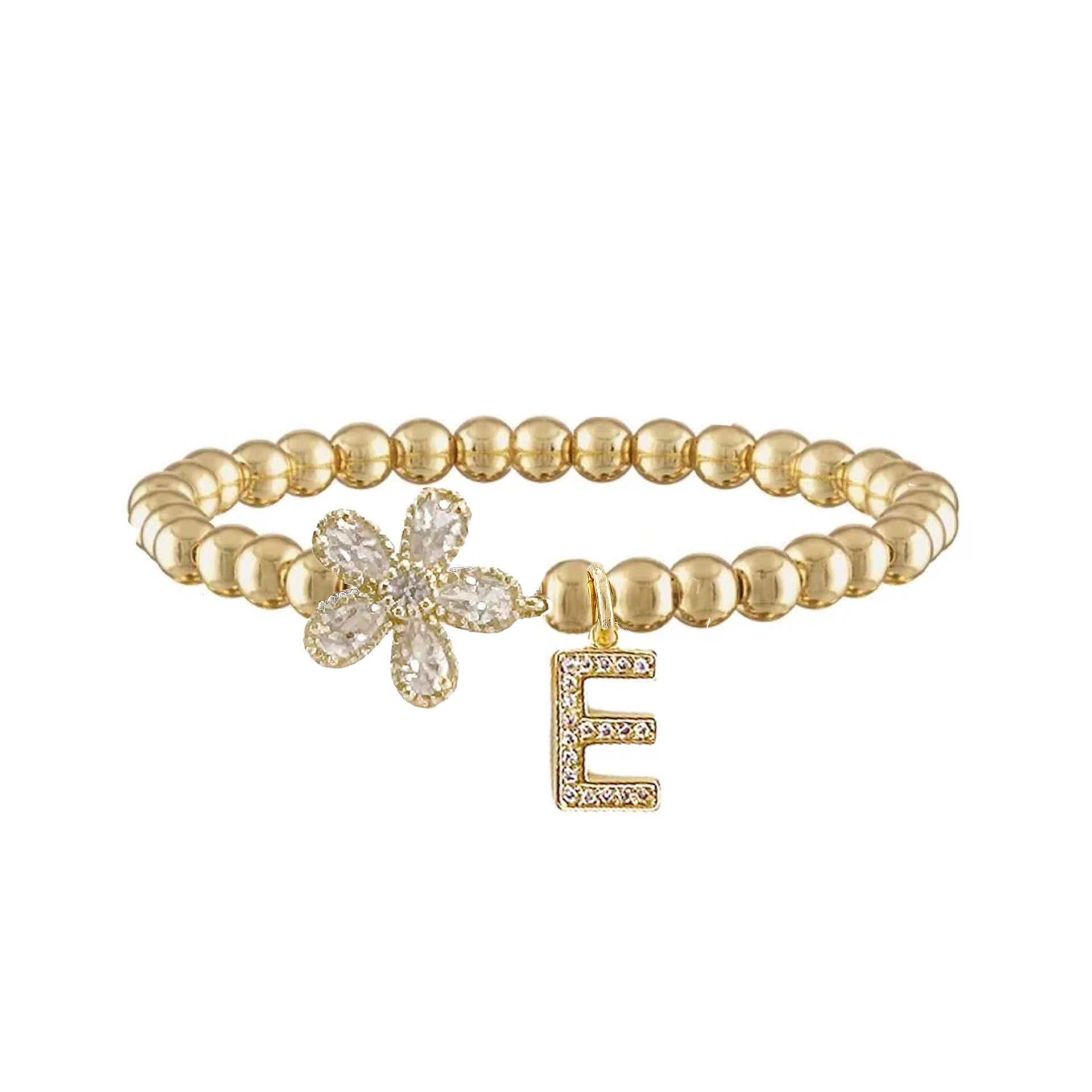 gold felicity flower initial charm bracelet with crystal flower charm and pave e letter charm on gold beads