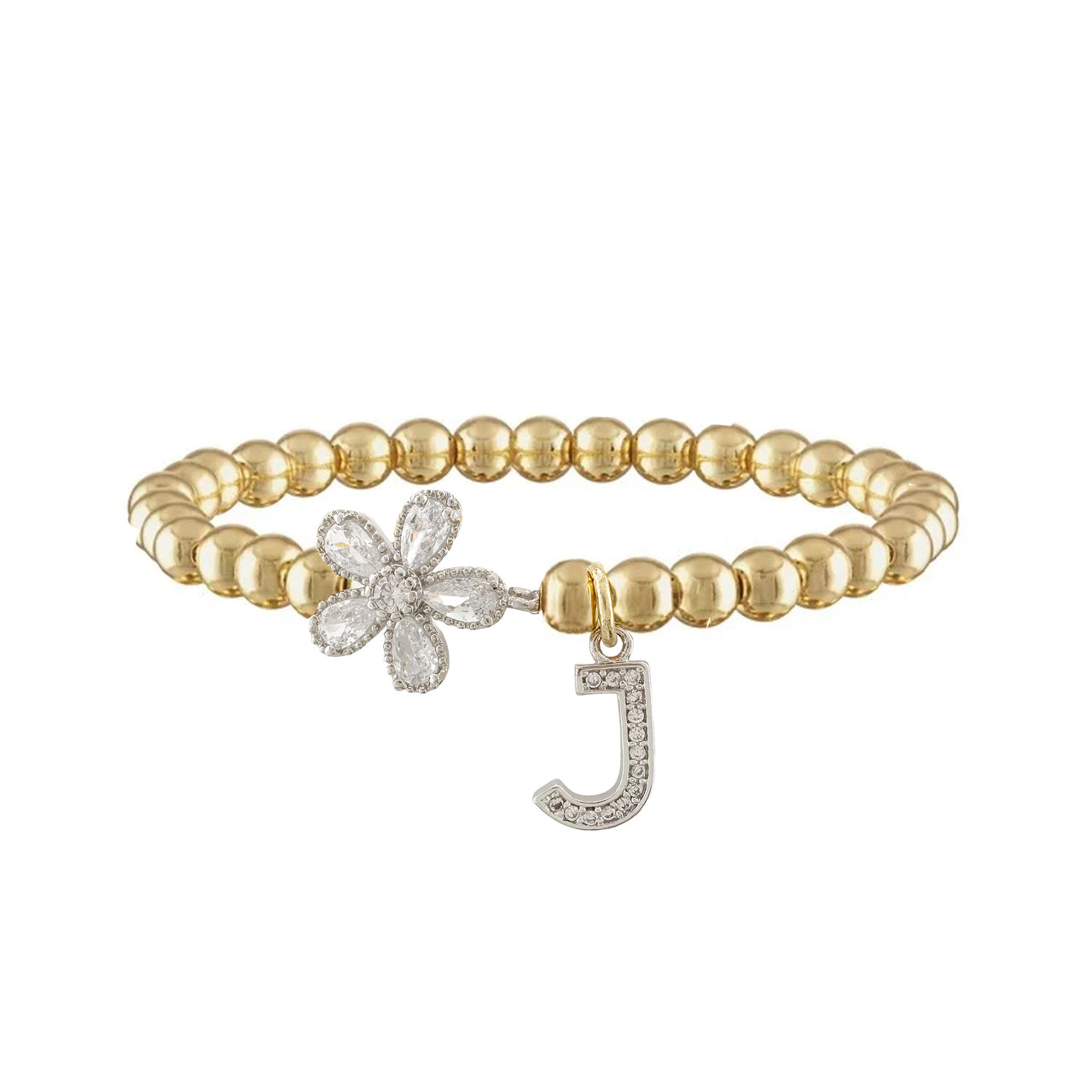 love lisa gold felicity flower initial charm bracelet with crystal flower charm and pave letter charm on gold beads