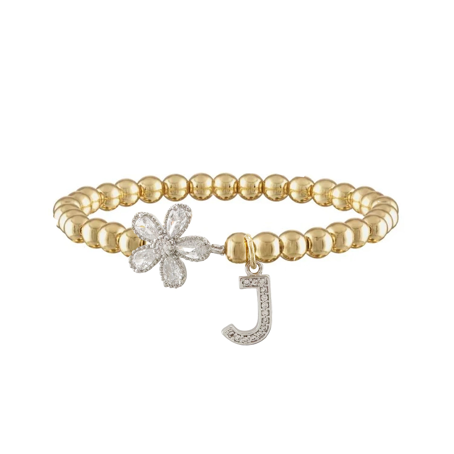 love lisa gold felicity flower initial charm bracelet with crystal flower charm and pave letter charm on gold beads