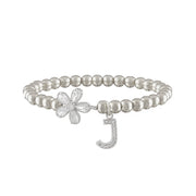 silver flower initial charm bracelet with crystal flower charm and pave j letter charm on silver beads
