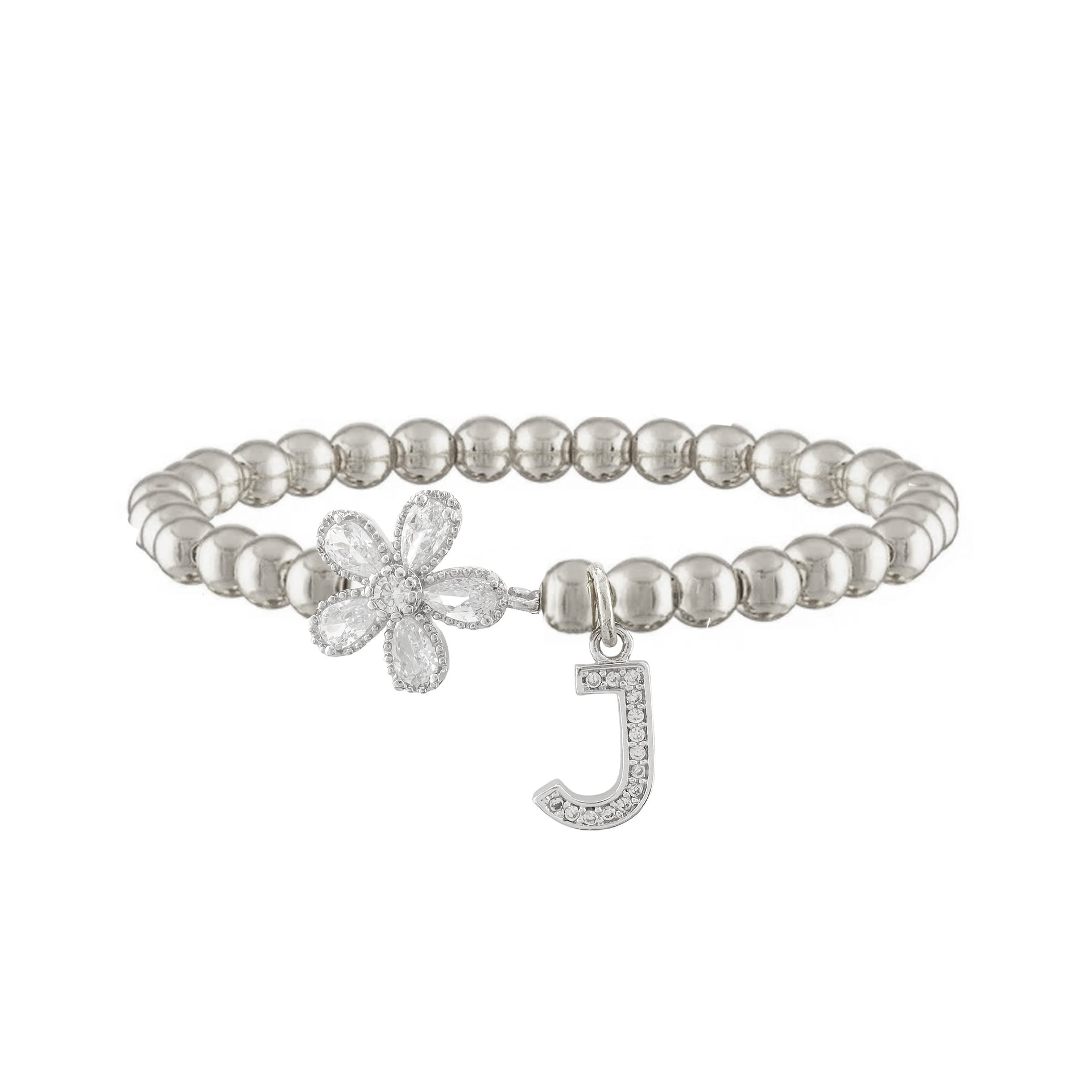 silver flower initial charm bracelet with crystal flower charm and pave j letter charm on silver beads