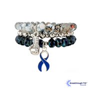 A stack of three awareness bracelets featuring a blue and silver bead design with a white ribbon symbol, and a silver chain with a blue bead.