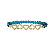 five hearts crystal stretch bracelet teal beads with heart charms